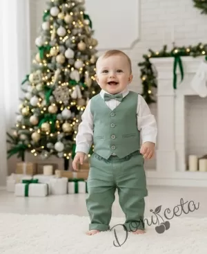 Бебешки елегантен комплект за момче от 4 части-риза в бяло, панталон, елек и папийонка в зелено от колекция Зелениада