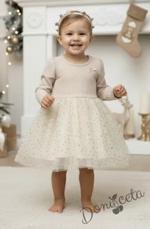 Детска рокля в бежово с панделка и тюл в бежово със звездички от колекция Бежина