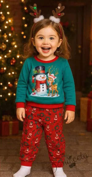 Коледен бебешки/детски комплект от блуза в зелено с коледна картинка и панталонки в червено с коледни мотиви