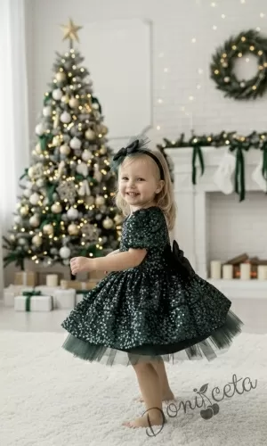 Детска коледна рокля в зелено с пайети Силия, тюл в зелено и фиба за коса