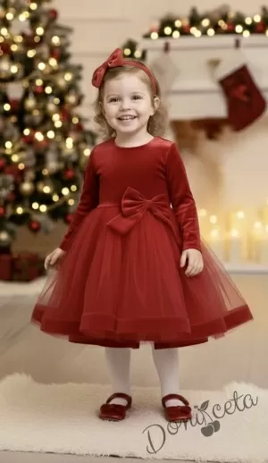 Детска коледна рокля плюш в червено с тюл и панделка Тая и фиба за коса