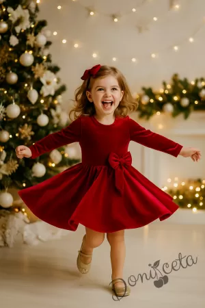Детска плюшена коледна рокля в червено с панделка Елиса и фиба за коса