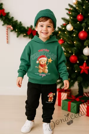 Коледен комплект за момче от блуза с качулка в зелено с мече и надпис и долнище в черно с мече