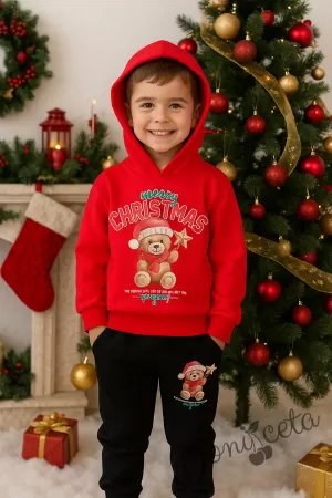 Коледен комплект за момче от блуза с качулка в червено с мече и надпис и долнище в черно с мече