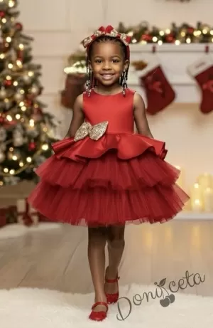 Коледна детска рокля в червено с тюл и панделка в златисто