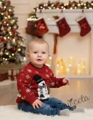 Плетен коледен пуловер със снежен човек и елха за момче