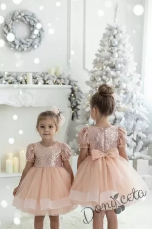 Празнична официална детска къса рокля с къс ръкав в прасковено с пайети Людмила