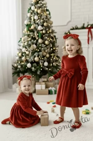 Детска/бебешка плюшена коледна рокля в червено с панделка 