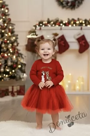 Ватирана коледна детска рокля Каренка с тюл в червено с еленче