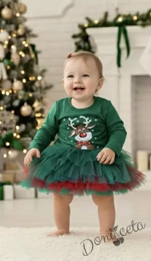 Ватирана бебешка детска коледна рокля Звън в зелено с тюл и еленче 