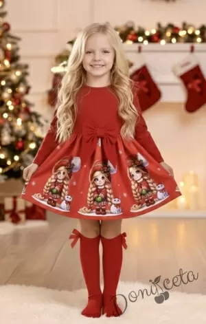 Детска коледна рокля в червено с къдрички, панделка и коледни мотиви