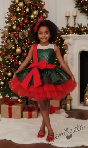 Коледна детска рокля с пайети в зелено с голяма панделка и тюл в червено с фиба за коса Венета