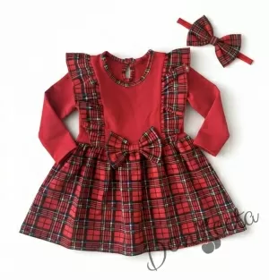 Детска рокля каре в червено с дълъг ръкав и с къдрички от каре Карена с диадема в каре
