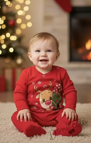 Коледен бебешки гащеризон в червено с еленче с подарък