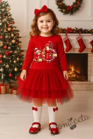Ватирана коледна рокля в червено с коледна картинка и тюл в червено и зелено