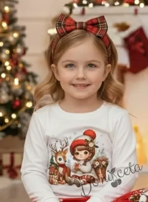 Детска коледна блуза в бяло с момиченце и весело еленче