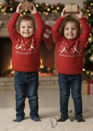 Детски коледен пуловер в червено за момче или момиче с еленчета