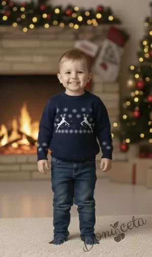 Детски коледен пуловер в тъмносиньо за момче с еленчета