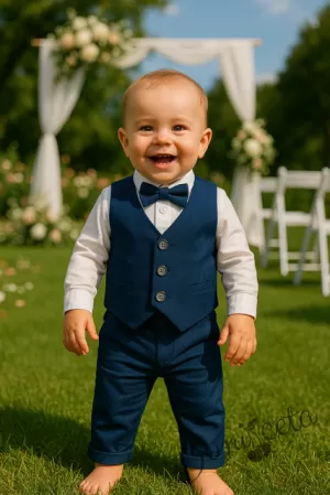 Бебешки официален комплект с елек за момче от 4 части - риза в бяло, панталон, елек и папийонка в тъмносиньо