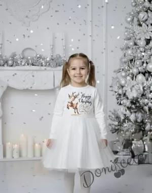Детска/бебешка коледна рокля с дълъг ръкав в бяло с коледна картинка на еленче с тюл в бяло