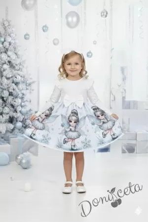 Бебешка/детска коледна рокля в бяло с къдрички, панделка и коледни мотиви