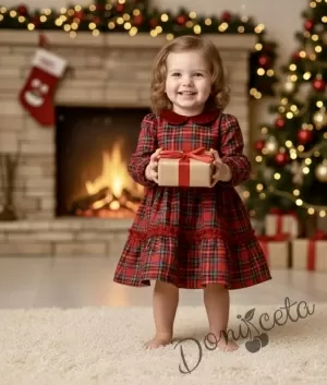 Детска коледна рокля каре в червено с дълъг ръкав с панделка и яка в червено Карена