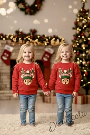 Коледна ватирана блуза Звънче с еленче с в червено 