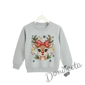 Коледна ватирана блуза Звън с еленче с шал в сиво