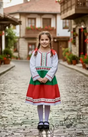 Детска народна носия 72 трибагреник-сукман в бяло, зелено и червено с фолклорни мотиви етно