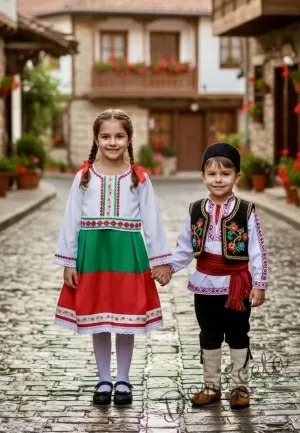 Детска народна носия 72 трибагреник-сукман в бяло, зелено и червено с фолклорни мотиви етно