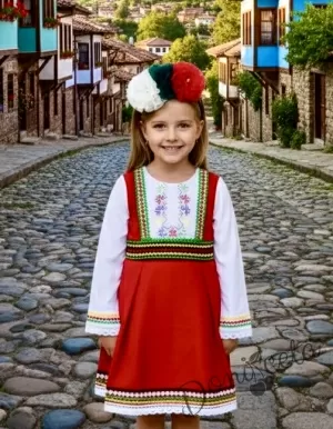 Детска рокля за момиче тип народна носия с фолклорни мотиви с дълъг ръкав и коланче