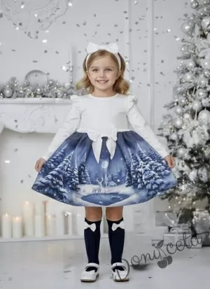 Бебешка/детска коледна рокля в бяло с къдрички, панделка и коледни мотиви