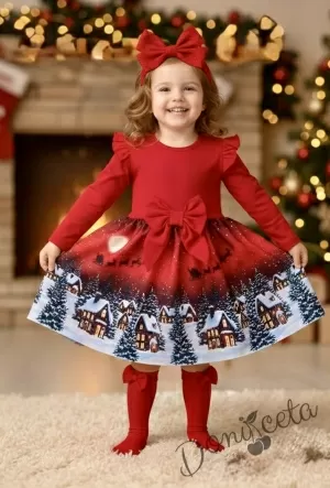 Детска коледна рокля в червено с къдрички, панделка и коледни мотиви къщички