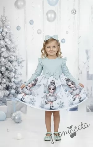 Бебешка или детска коледна рокля в тюркоаз с къдрички, панделка и коледни мотиви