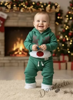 Ватиран коледен детски комплект от блузка и панталон в зелено с плюшени акценти