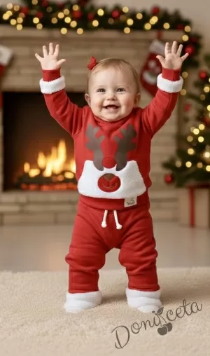 Ватиран коледен детски комплект от блузка и панталон в червено с плюшени акценти