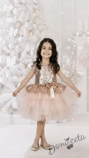 Детска официална рокля в прасковено от пайети с тюл на пластове Валериа