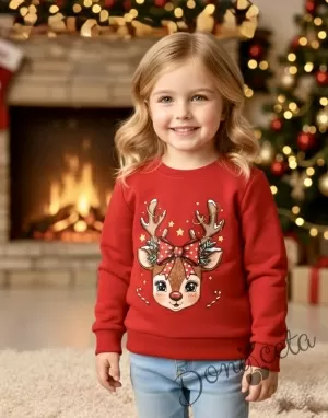 Коледна ватирана блуза Звънчо с еленче в червено с рогца