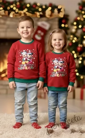 Коледна ватирана блуза за момиче в червено с дълъг ръкав с коледни мотиви с Мини и Мики
