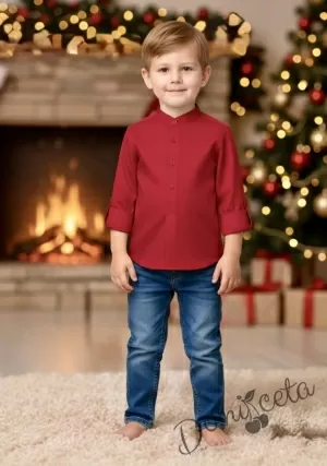 Детска официална риза с дълъг ръкав за момче в червено без яка