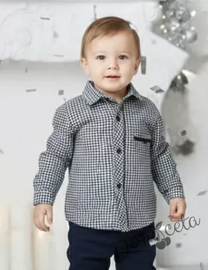Официална детска риза с дълъг ръкав тъмносиньо на квадратчета