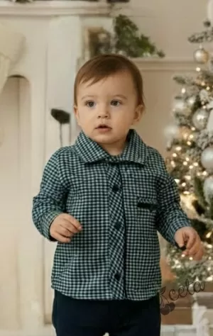 Официална детска риза с дълъг ръкав в зелено и тъмносиньо