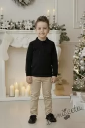  Комплект за момче от 2 части-блуза в черно с якичка и панталон в бежово