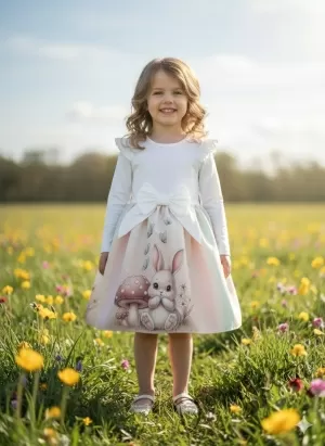 Бебешка/детска рокля в бяло с къдрички, панделка и зайче