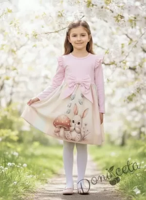 Бебешка/детска рокля в розово с къдрички, панделка и зайче