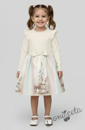 Детска рокля с дълъг ръкав в екрю с къдрички, панделка и зайче