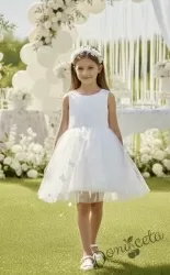  Официална детска рокля Пепелина с къс ръкав в бяло и 3D пеперудки