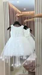  Официална детска рокля Пепелина с къс ръкав в бяло и 3D пеперудки с шлейф