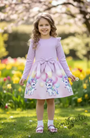 Бебешка/детска рокля в лилаво с къдрички, панделка и еднорог  с балони