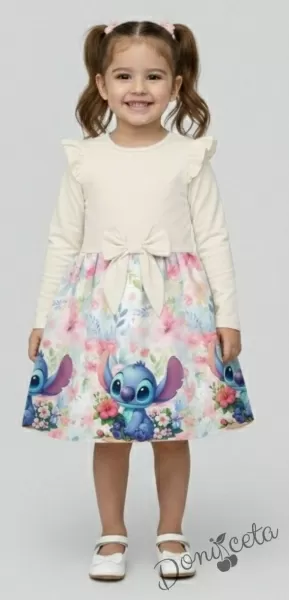 Детска рокля с дълъг ръкав в екрю с къдрички, панделка и Стич